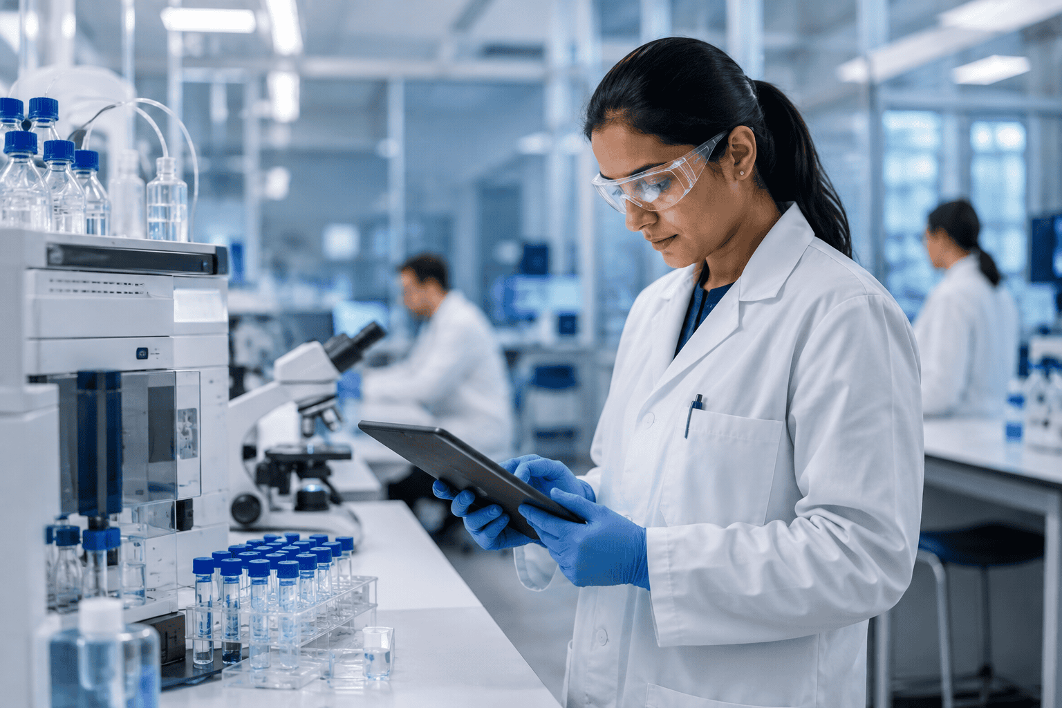 image of pharmaceutical scientist reviewing research data on a tablet in a modern laboratory