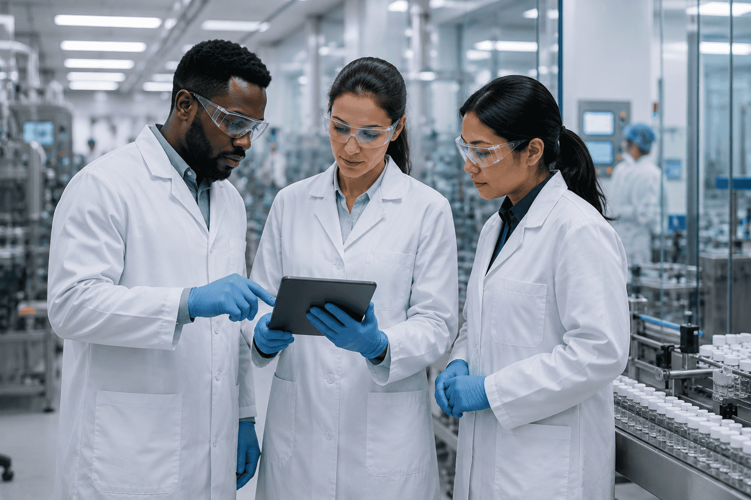 image of pharmaceutical operations team reviewing data on a tablet in a regulated manufacturing environment