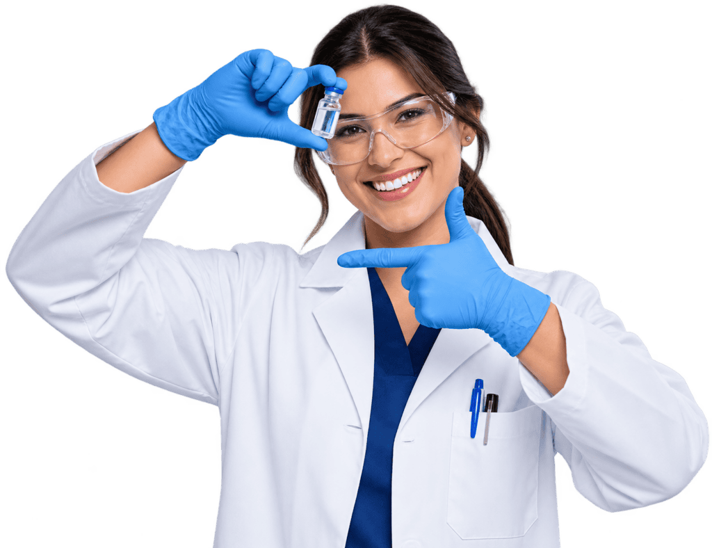 image of pharmaceutical scientist holding a vial and smiling in a lab coat and protective eyewear