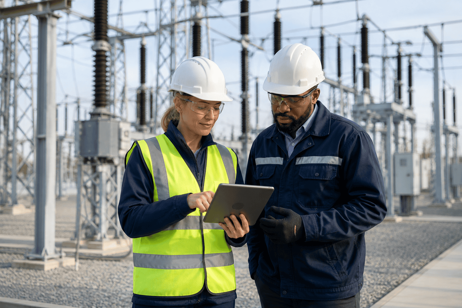 image of two utility professionals review a tablet while standing in front of an electrical substation