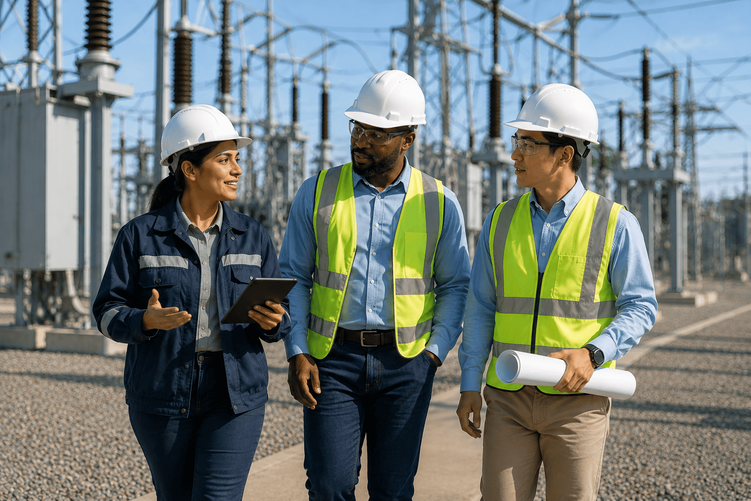 image of three utility professionals walking through an electrical substation while discussing a project