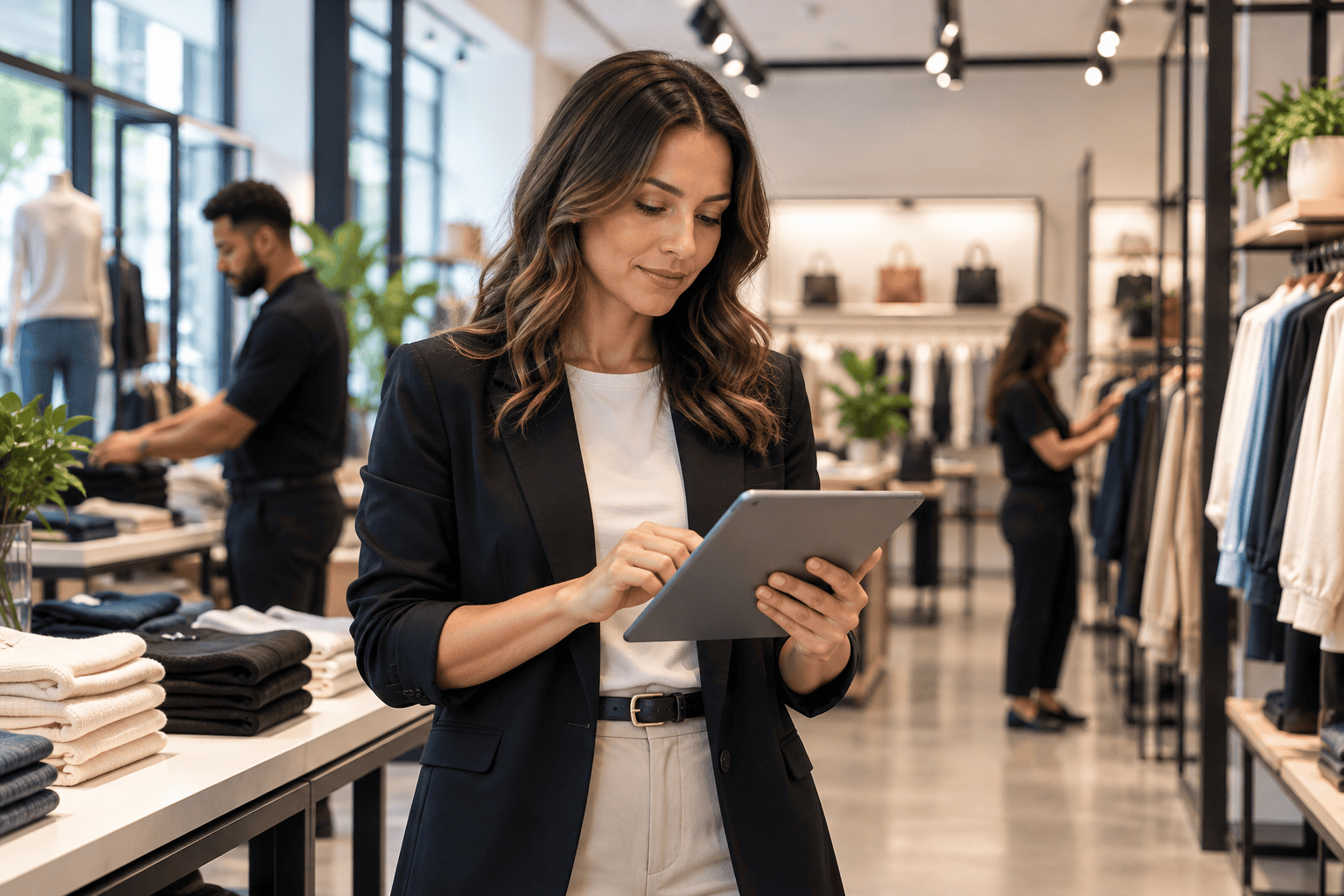 Image of retail professional reviewing information on a tablet in a modern clothing store.