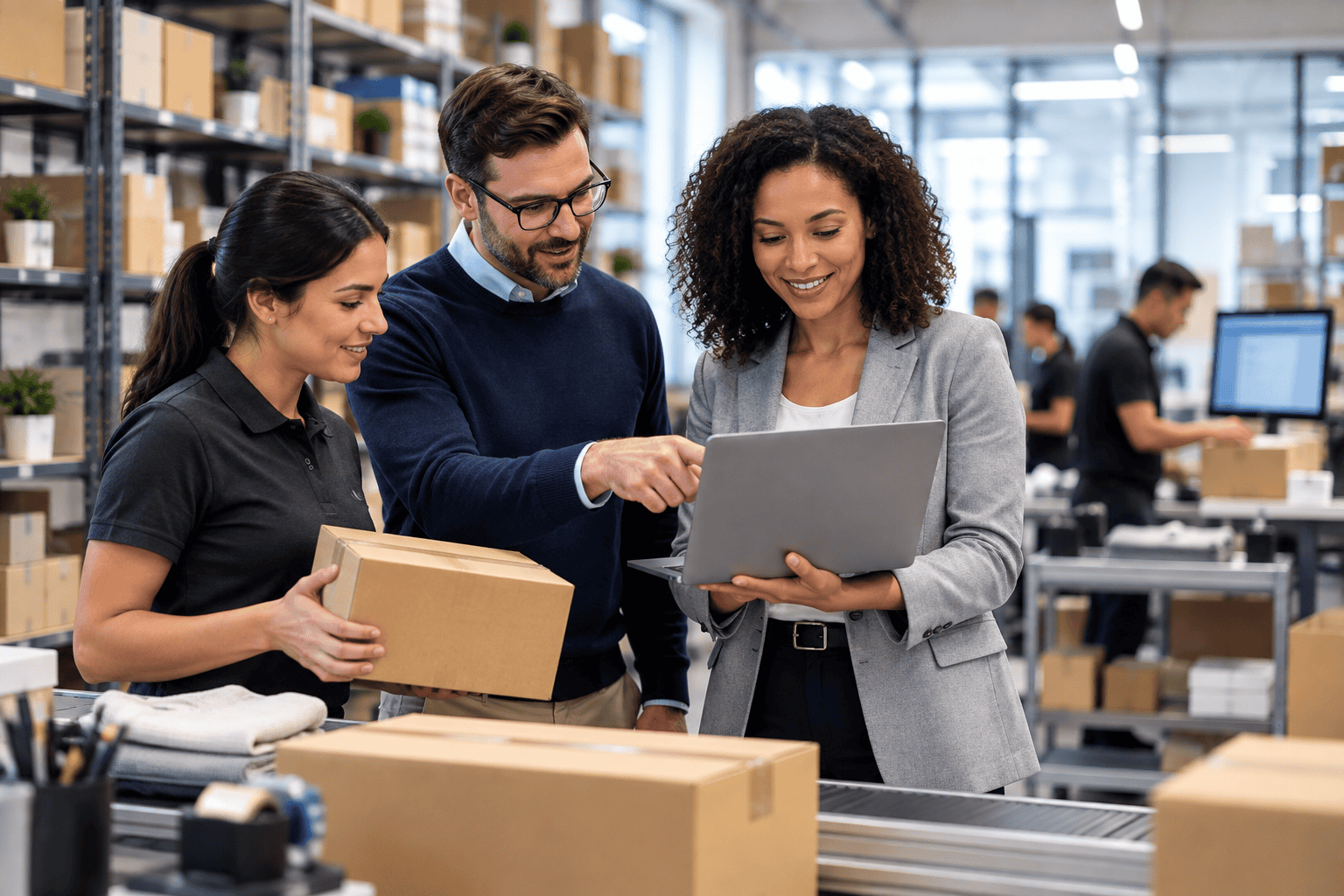 Image of retail operations team collaborating on fulfillment and e-commerce processes in a modern distribution environment.
